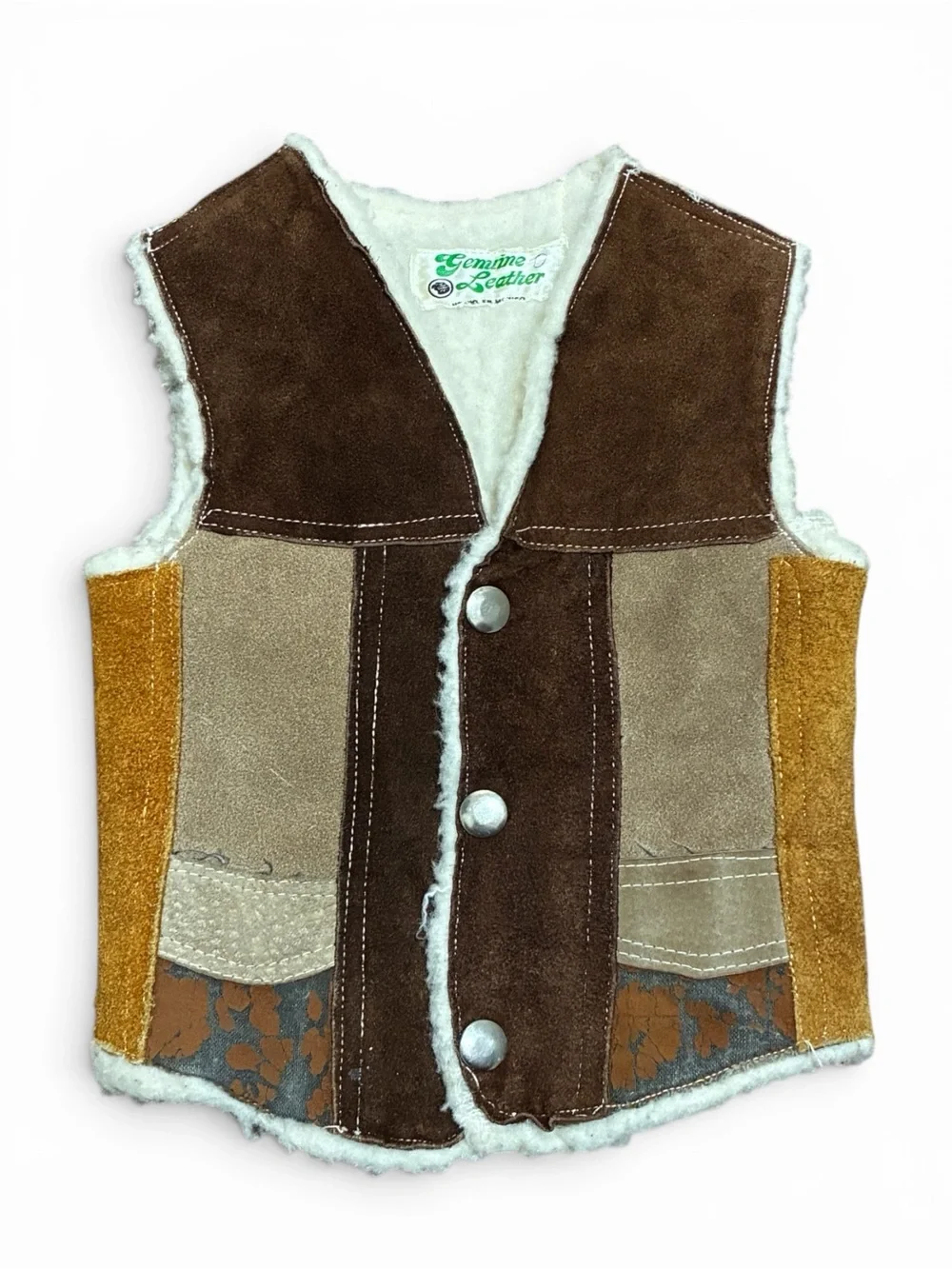 Vintage Genuine Leather Shearling Patchwork Vest Toddler Baby Snap Front Western
